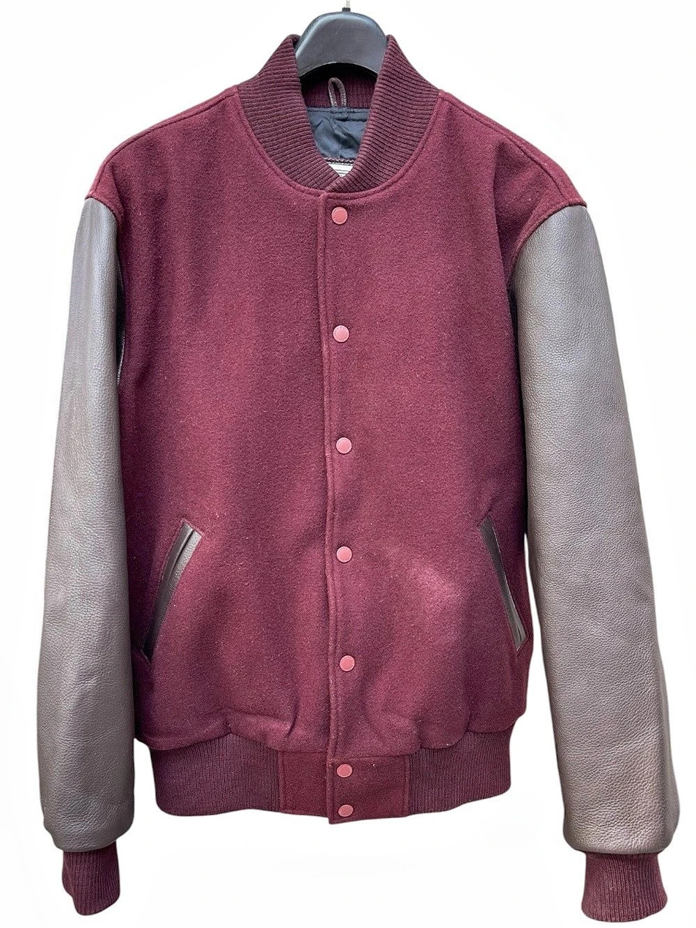 Roots Men's Varsity Bomber Jacket Burgundy & Brown, Wool and Leather